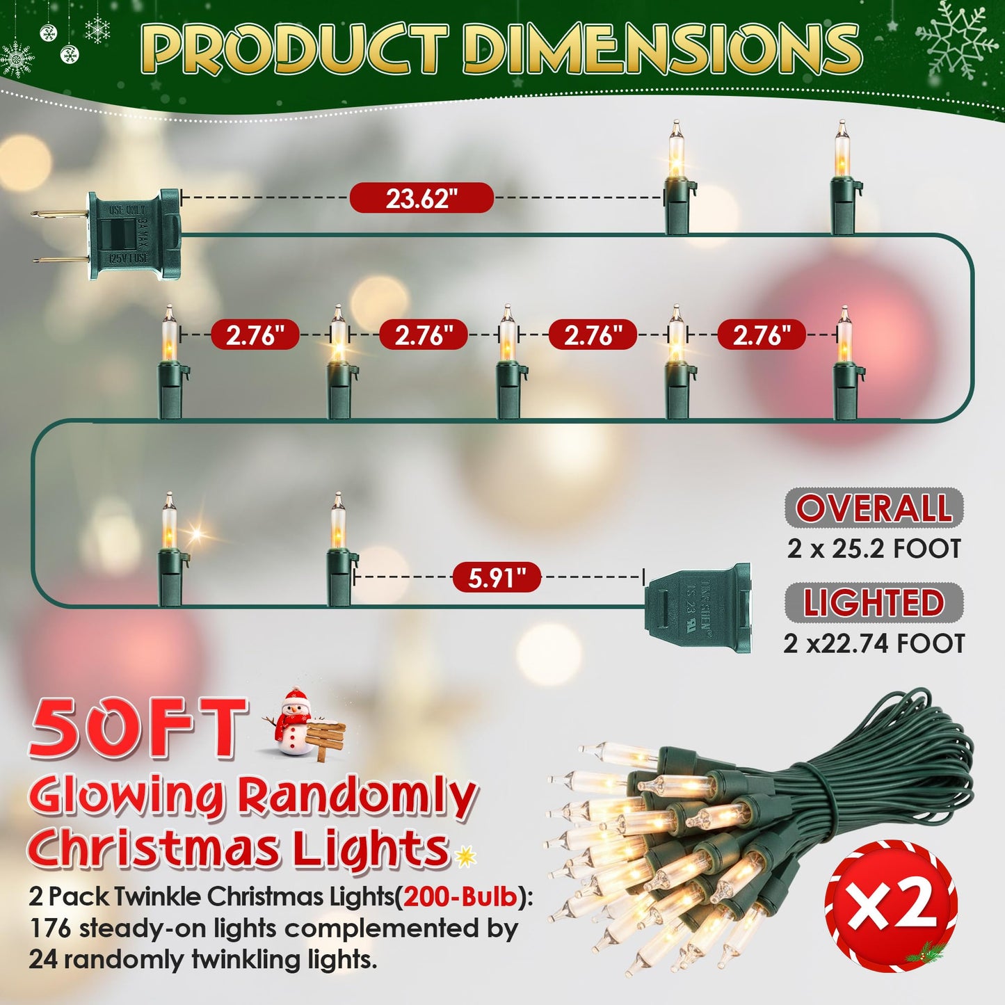 Enhon Twinkle Christmas Lights, 50.4 FT, 24 Random Twinkle Bulbs, IP44 Waterproof, White, Model LCH7-100L/2F